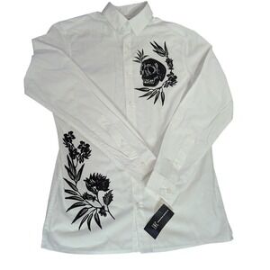 INC Pattern Play LS Shirt Mens XS Bright White Skull Flower Art Button Down NWT